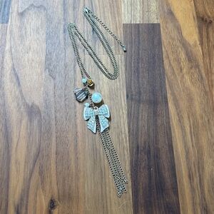 Gold Tone Girly Pink Enamel Bow Rose Beaded Charms Tassel Drop Long Necklace